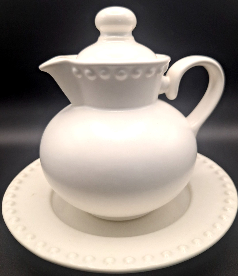Dansk Rondure Rice Covered Creamer Syrup Server w/ Plate Beaded Edge Japan